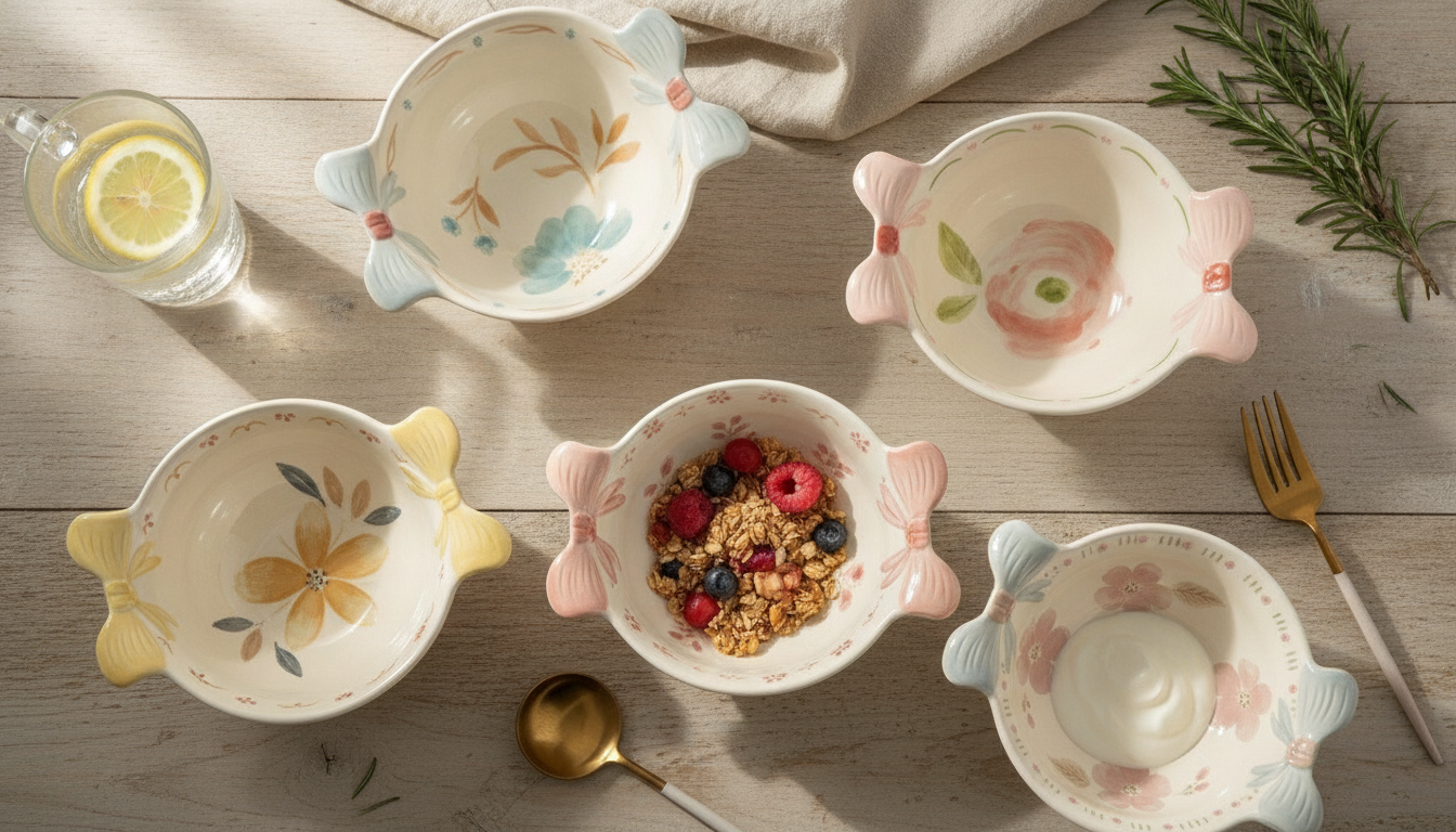 Cream Floral Double Ear Porcelain Bowl (Hand-Painted)