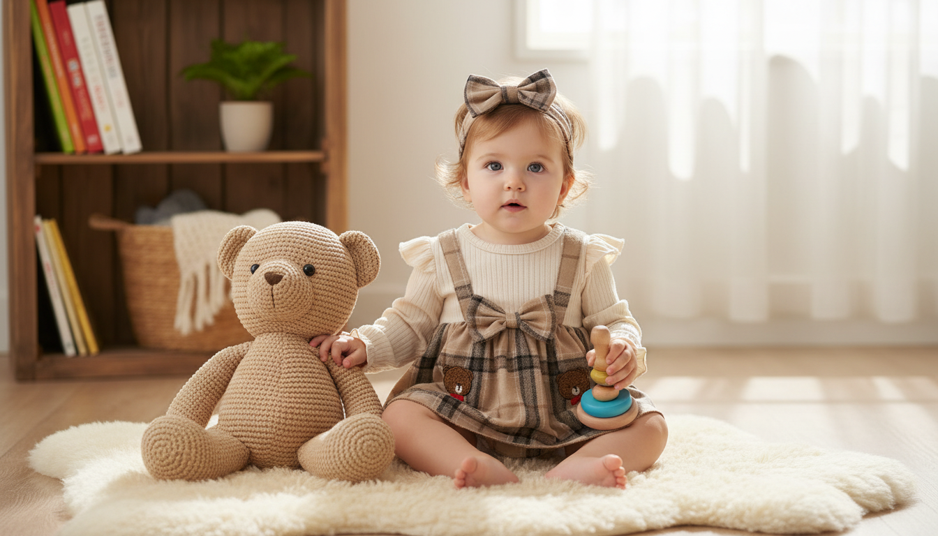 Plaid Romper Dress Set for Baby Girls with Bear + Headband
